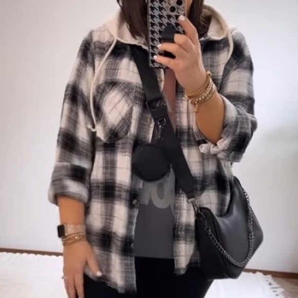 Time & Tru hooded flannel shirt button down black white cream plaid pattern L - Picture 10 of 10